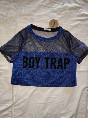 essue Blue Glitter Mesh 'BOY TRAP' Short Sleeve Crop Top